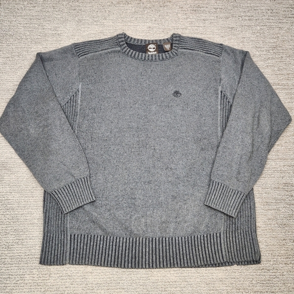 Timberland Crew Neck Sweater Mens L Gray Heavy Knit Cotton Ribbed Pullover Layer - Picture 1 of 6